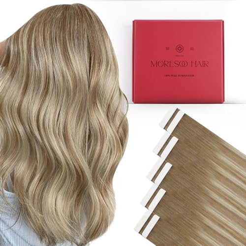 Image of Moresoo Beige Blonde Hair Extensions Tape In 20 Inch 10Pcs 25g | Seamless tape in hair extensions human hair, neutral blonde tones, flat tabs, fuller ends, workday and party styling