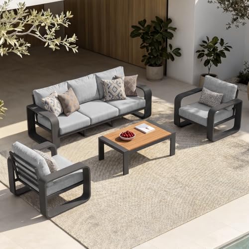 Oasbira Oversized Aluminum Outdoor Furniture Set, Extra Large Patio Furniture Sofa Set 4.8” Widened Armrest & Ultra-Thick Cushions, 4 Pcs Modern Patio Sectional for Backyard, Porch, Gray