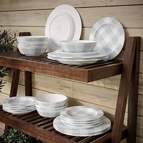 Barnyard Designs 12-Piece Melamine Dinnerware Set, Durable Chip-Resistant Dishware For Indoor/Outdoor Use, Service For 4, Light Blue Buffalo Plaid, (Dinner Plate: 11”, Salad Plate: 8.5”, Bowl: 7”) #TOP2