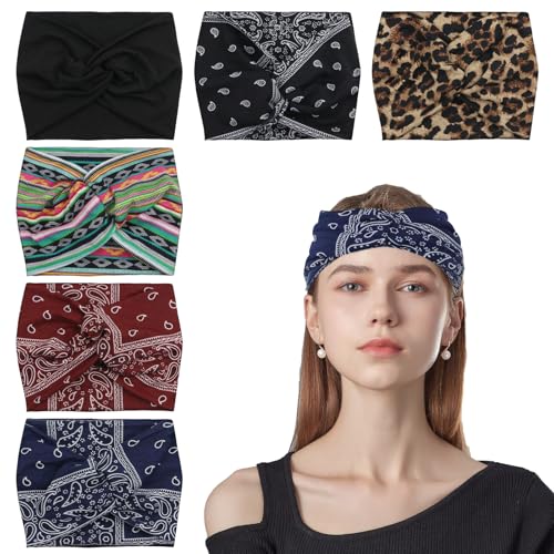 alwaiiz 6 pièces de bandeaux pour femmes, bandeau doux Boho, bandeau élastique pour cheveux pour le yoga, la course et le fitness (largeur 18 cm)