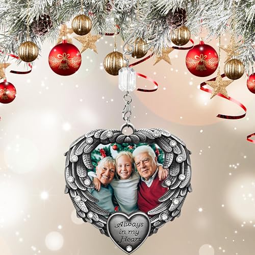 in Memory Photo Christmas Ornament - Always in My Heart - Angel Wings Picture - Sympathy Gifts - Bag Included - Choose The Customized Option and We Will Insert Your Photo 3.25" H x 3.25" W