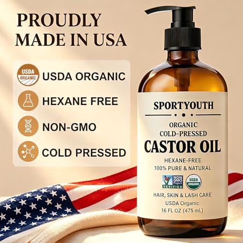 Image of SPORTYOUTH USDA Organic Castor Oil Cold Pressed Glass Bottle with Pump | 16oz, 100% Pure & Natural, Hexane Free, Non-GMO, Unrefined, Vegan Body Oil, for Hair, Lashes, Brows, Face, Skin, Massage