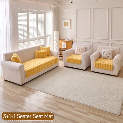 Image of HOKIPO 'FurHug' Luxury Faux Rabbit Fur Sofa Cover Mat 5 Seater (3+1+1), Honey Yellow (AR-5010-5)