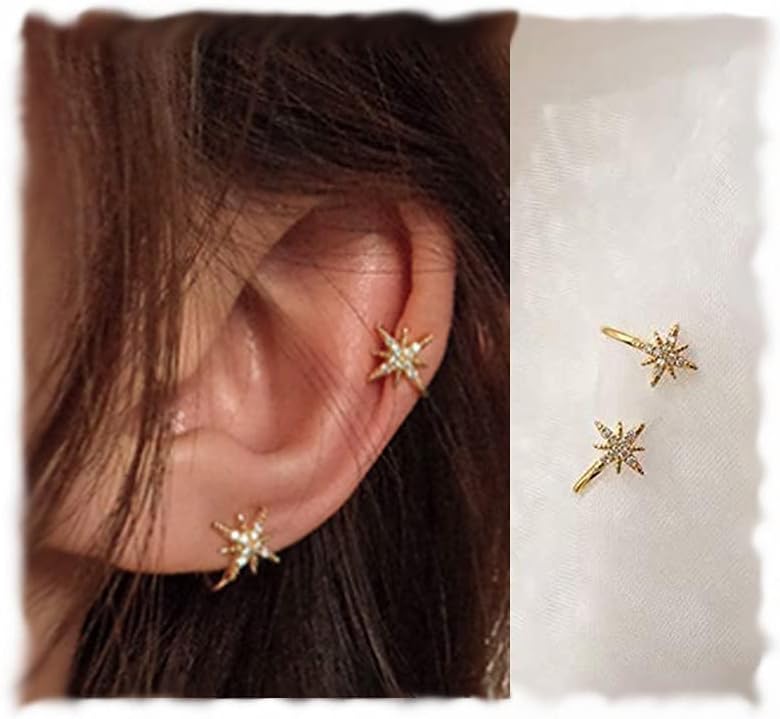 Simple CZ Star Cuff Wrap Earring - Cute Snowflake Crystal Twinkle Helix Cartilage Clip-on Non-Piercing Earring - Hexagram Ear Cuff (Snowflake Ear Cuff-Gold)