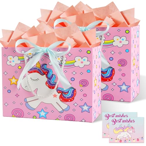 Bomtop Lot de 2 Sacs Cadeau avec Anse, Sachet Cadeau Anniversaire avec Dessin Animé, Boite Cadeaux en Papier avec Ruban d'Arc, Pochette Emballage Cadeaux pour Anniversaire, Mariages, Noël, Fête (Rose)