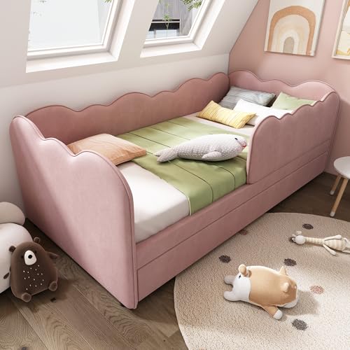 Merax Single Pink Upholstered Bed with Pull Out Bed 3ft Single Trundle Day Bed with Unique Cloud Shape Slatted Frame for Adults Children Velvet/90x190cm(No Mattress)
