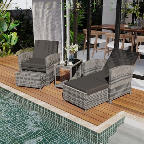 5 Piece Outdoor Patio Furniture Set, Wicker Patio Conversation Se...