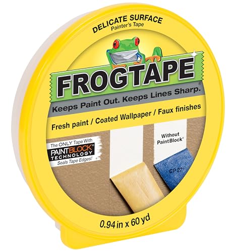 FrogTape Delicate Surface Painters Tape with PAINTBLOCK, 1 Inch Wide (0.94 In. x 60 Yds), Low Adhesion, Ideal for Freshly Painted Walls, Trim & Surfaces, Yellow, 1 Roll (280220)
