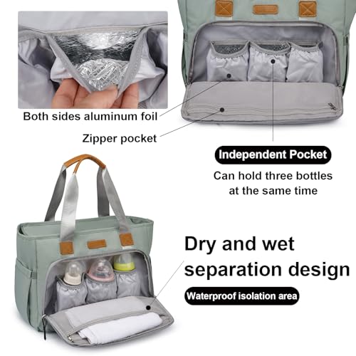 Image of FHELAD Diaper Bag Tote, Large Tote Diaper Bag with 16 inch Laptop Compartment, Baby Bag with Insulated Pocket for Mom and Dad, Ideal for Travel, Work (Morandi Grey)