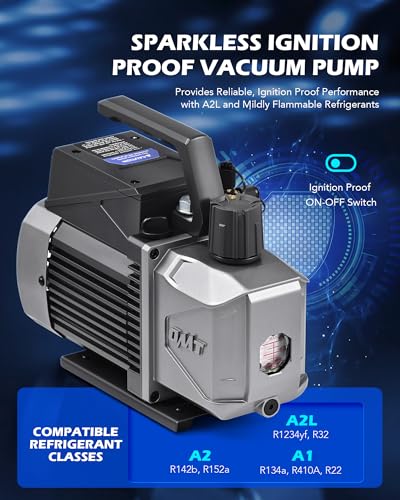 Image of Orion Motor Tech A2L AC Vacuum Pump and Gauge Set, for R1234yf R32 R134a R410A Systems with 3.5 cfm Sparkless Ignition Proof Vacuum Pump, 3 Way AC Gauges Quick Couplers Can Taps Hoses Thermometer