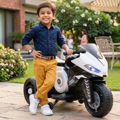 Image of Toyzone Speed Electric Bike (White) | 6V Rechargeable Bike for Kids with 4.5Ah Battery | LED Lights, Music, MP3 /USB /BT | Smooth Acceleration | 6M Battery Warranty | Age 2-8 Years, Up to 35kg
