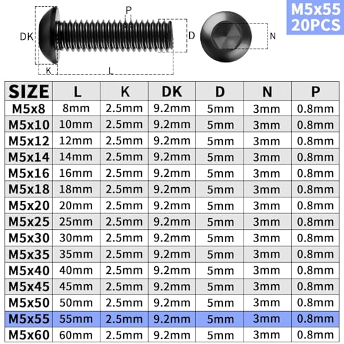 TXXATX 20 Stück Linsenkopfschrauben M5x55mm Flachkopfschrauben M5 304 Edelstahl mit Innensechskant Vollgewinde Möbelschrauben Schwarz für DIY-Projekte Möbelreparatur Montage Wartung
