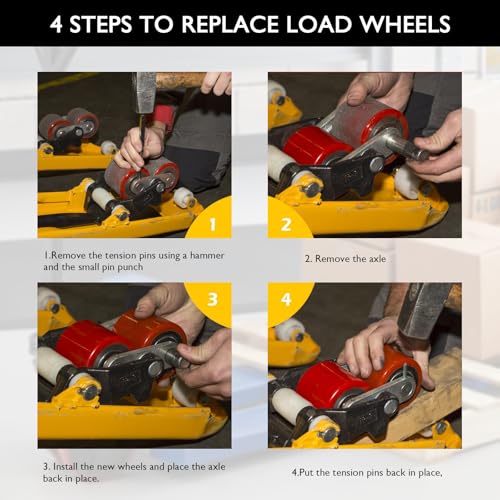 Image of Pallet Jack Wheels Kit for Most Hand Pallet Jacks- Complete Set with Steering Wheels 7 inchx 2 inch Pair, Load Roller 3 inch x 3.75 inch Pair, Entry Exit Rollers, Axles, Tools & Hardware - Red Polyurethane