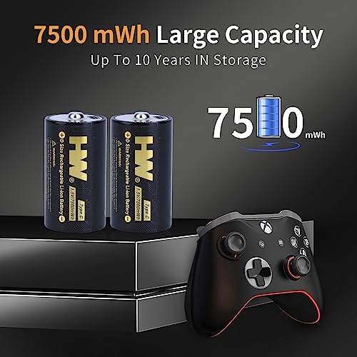 HW Rechargeable D Cell Batteries, Lithium D Battery with 2 in 1USB-C Cable Fast Charger, 2 Pack 7500mWh D, Over 1000 Cycles, Long Lasting Size D Batteries for Flashlight, Camping Light image 2