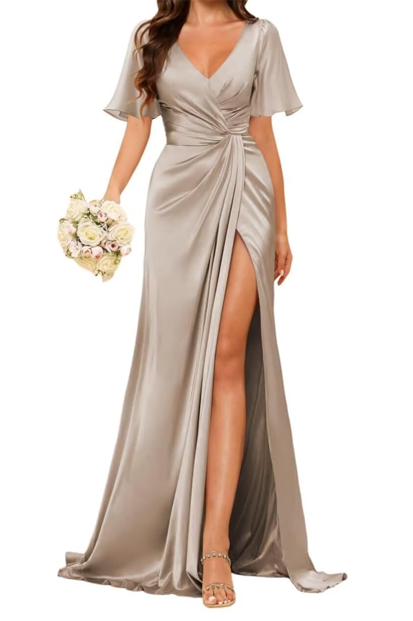 Wseyu Women's Taupe Ruffles Satin Bridesmaid Dresses Flutter Sleeve Party Prom Evening Gowns With Slit Maid Of Honor Gown Zm190 Uk14
