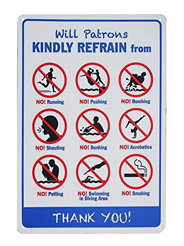 Monifith Pool Rules Sign,Will Patrons Kinely Refrain from No Running No Pushing No Smoking Warning Signs Commercial Swimming Pools 8X12 Inch