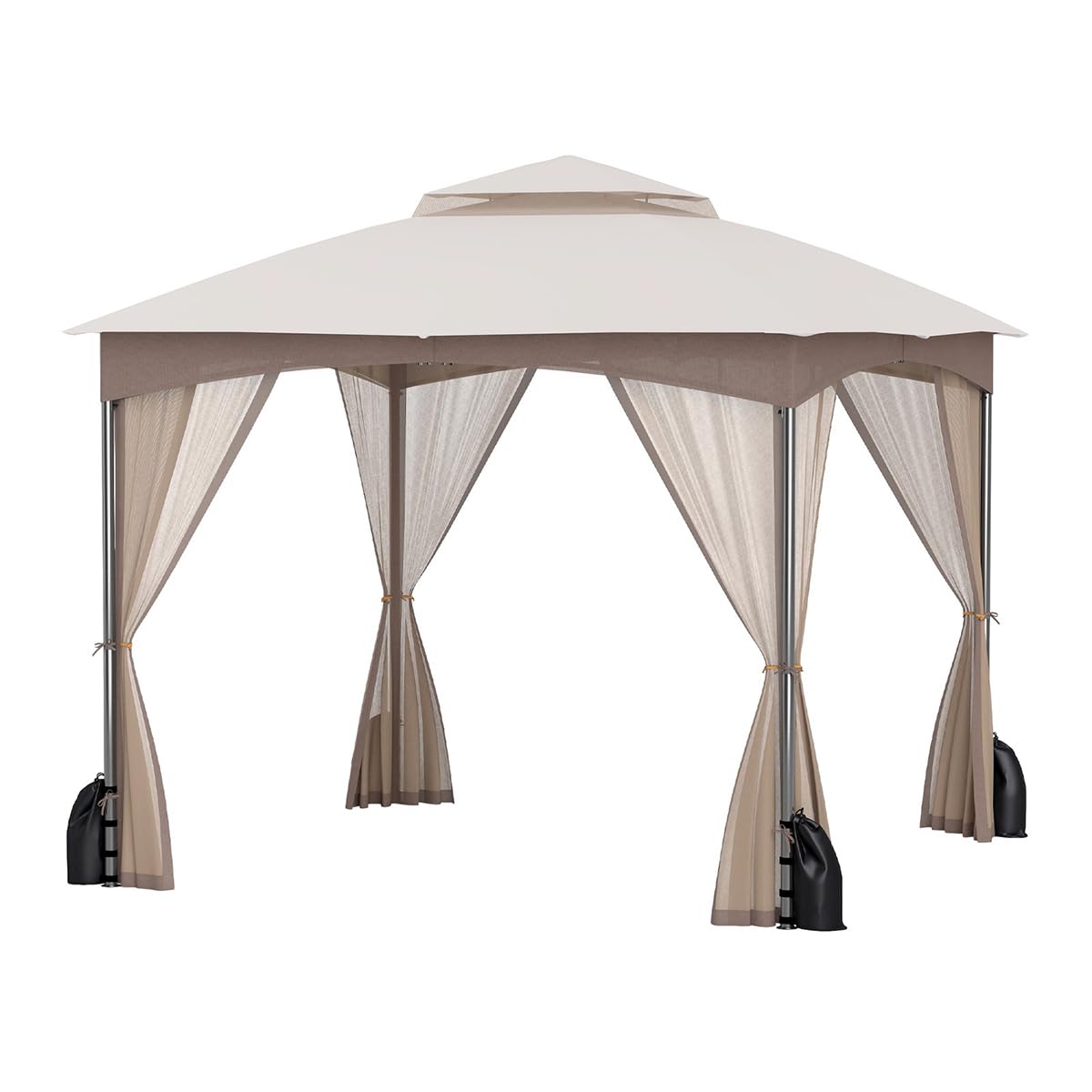 RELAX4LIFE Pergola da 3 x 3 m, con Zanzariera, Padiglione Idrorepellente con Doppio Tetto, Gazebo da Giardino con Telaio in Metallo, 8 Picchetti per il Terreno, 4 Sacchi di Sabbia (MARRONE)
