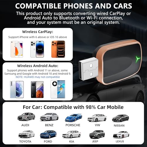 Image of Wireless Carplay Adapter, Android Auto for Car, 2 in 1 Convert Wired to Wireless, Plug & Play with 5G WiFi & Bluetooth 5.0, Compatible with iPhone /Android for 98% Vehicles (Gold)