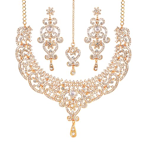 Touchstone Indian jewelry set for women bollywood gold jewellery wedding outfits necklace sets earrings bridal maang tikka fancy costume ethnic big desi accessories rhinestone in gold tone