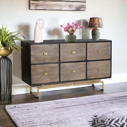 Image of Solid Wood Cohen Chest of Drawer | Dresser with 6 Drawers | Wooden Chest of Darwers | Chest of Drawers with Storage | Finish- Black and Premium Tobbacco Brown