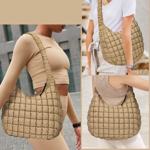 Image of Puffer Tote Bag for Women Quilted Puffer Tote Bag Quilted Crossbody Bag Soft Pufferr Shoulder Bag Quilted Padding Hobo Bag, Khaki-a