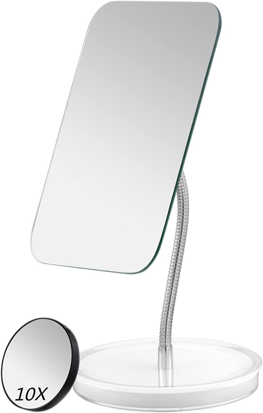 Desk Makeup Mirror with Detachable 10x Magnification,360° Rotation Flexible Gooseneck Mirror with Stand,Tabletop Cosmetic Mirror,Good for Shower Shaving Traveling-Rectangle