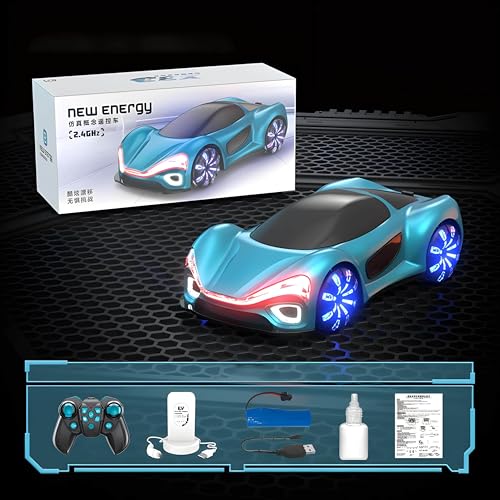 Coche Acrobático Teledirigido Mini Coche Drift con Neumáticos Luminosos Mecanum Movimiento Horizontal Luces Traseras con Efecto Spray Equipado con Estaciones De Carga (Blue 2-Battery)