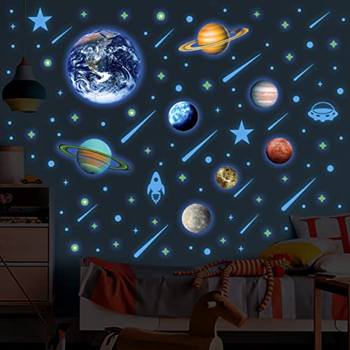 Glow In The Dark Planets For Ceiling Solar System Wall Decal Blue Luminous Bright Planet Sun Nursery Wall Sticker For Kids Space Decoration, Birthday Gift For Boys And Girl #TOP19