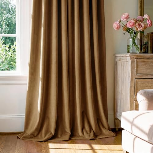 Image of Gold Brown Velvet Curtains for Living Room Boho, W52 x L63, 2 Panels | 300GSM Soft Velvet Drapes, Thermal Insulated, Window Back Tab Luxury Privacy Home Decor, Room Darkening, Blackout, Bedroom