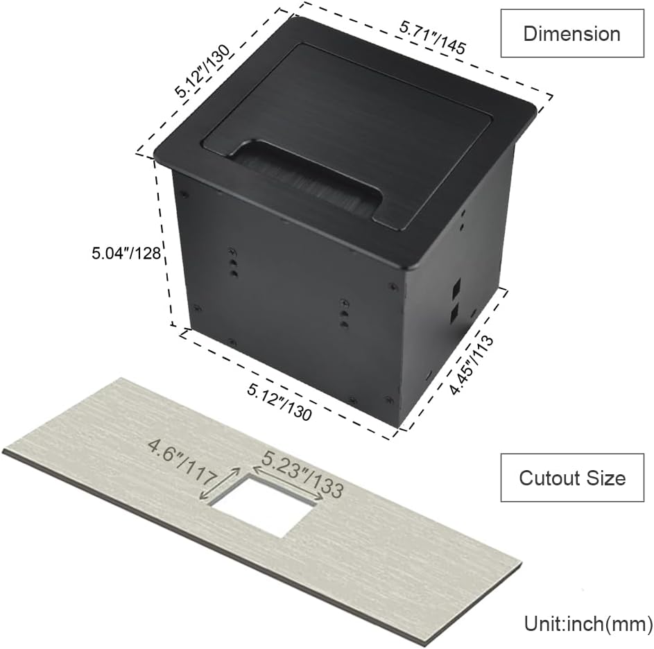 Tabletop Brush Flip Connectivity Box with 2 AC Power + 2 USB Charger + HDMI + 1 3.5mm Audio + USB-C Data + RJ45(cat6) for Conference Room (Black)