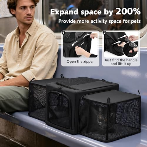 Pecute Cat Carrier Expandable, Stable Pet Carrier with 5mm Thick Steel Wire Frame, Dual-Side 200% Larger Space, Car Travel Carrier with Locking Zippers & Belt, Foldable for Storage, Dark Gray - Image 3