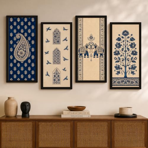 Image of Paintingmantra Indian Heritage Floral Framed Wall Art Painting For Living Room, Royal Elephant, Floral Tree Poster with Frame for Wall, Decoration item for Bedroom, Home, Set of 4, Size- 9.5x19.5 Inch
