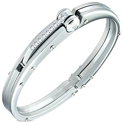 My Daily Styles Fashion Alloy White CZ Silver-Tone Mens Handcuff Bracelet