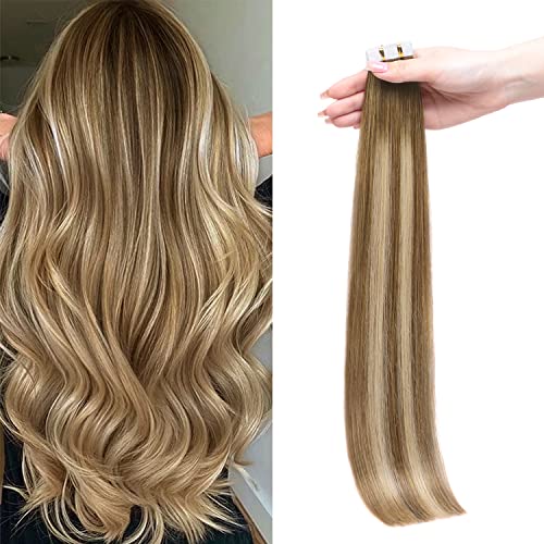 Maxfull Human Hair Tape In Extensions Balayage Brown, Super Invisible Semi-Permanent Real Remy Hair Extensions, 20pcs, 18inch, 50g