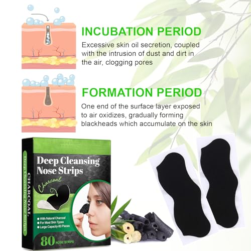 Ruduwu Pore Strips,Natural Charcoal Blackhead Strips for All Skin Type,Nose Strips for Blackheads,Charcoal Pore Cleansing Strips,Black Heads Strip,Nose Blackhead Remover Strip (80pcs) - Thumbnail 2