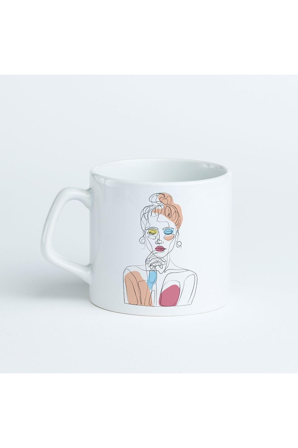 Hediyesepeti Line Art Düşünen Kız Tasarımlı Porselen Kupa Bardak 7,5 Cm Yüksekliğine Ve 8 Cm Çapına