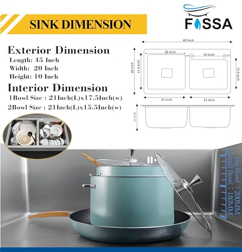 Image of Fossa 45 inchx20 inchx10 inch Inch 5-Year Warranty Stainless Steel Double Bowl Kitchen Sink with Tap Hole, Drain Basket, Soap Dispenser & Drain | Home Kitchen Silver (Matte Finish)