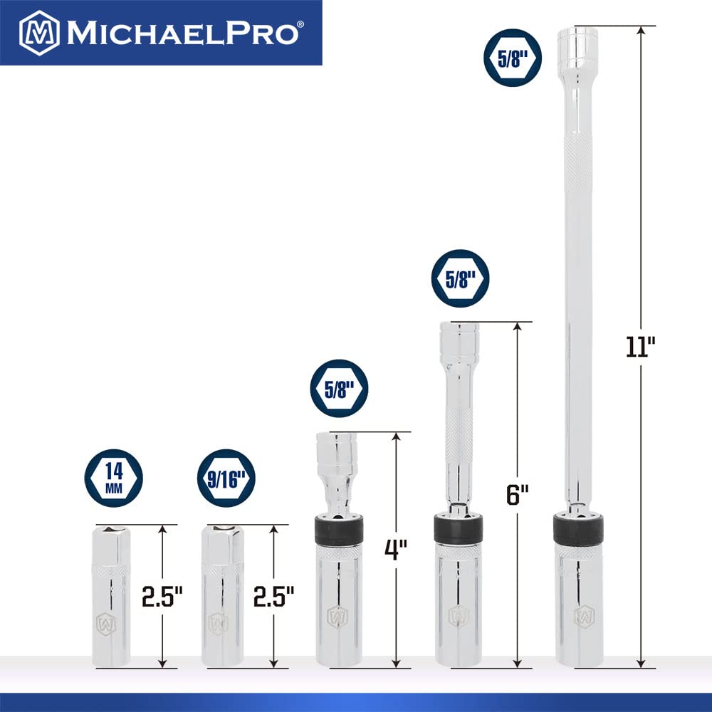 MichaelPro 5Pc 3/8-inch Drive Magnetic Swivel Spark Plug Socket Set, Extra Reach to Confined Areas, 14mm, 9/16-inch - Image 2