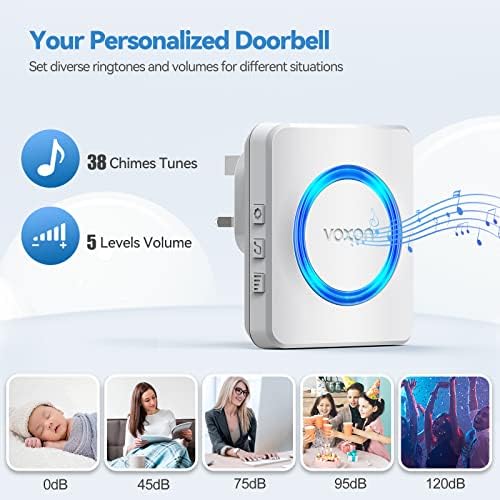 Wireless Doorbell, VOXON Waterproof Door Bell Wireless Loud Chime Kit Plug in Cordless Doorbells Battery Operating at 400m Range, IP65, 3 Working Modes, 38 Chimes & 5-Level Volume