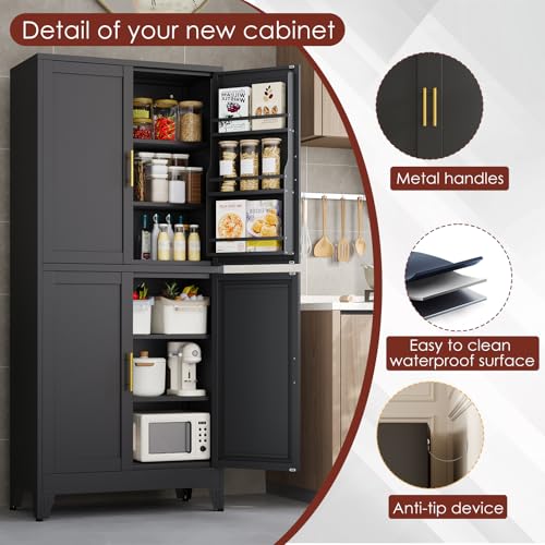 Image of PAOFIN 75 inch H Metal Storage Cabinet, Pantry with 6 Door Shelves and 4 Adjustable Shelves, Leveling Foot for Kitchen, Living Room and Dinning Room, Black