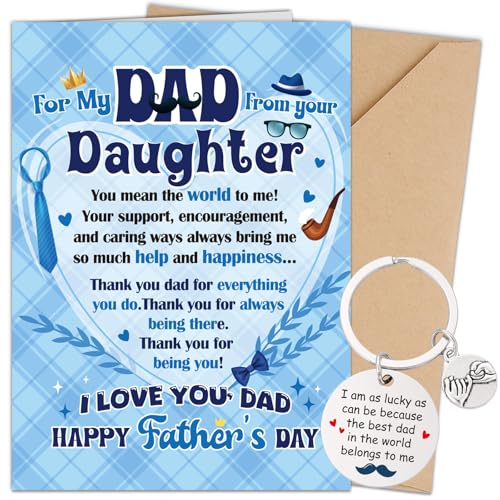 Fathers Day Card from Daughter - I Love You Dad Happy Fathers Day Cards and Keychain with Envelope Daddy Gifts from Daughter