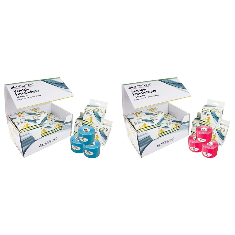 Mobiclinic | Kinesiotape | Vendaje neuromuscular | 5cm x 5m | 12 unidades | Azul | Mobitape +, Vendaje Neuromuscular, Rosa, Pack de 12