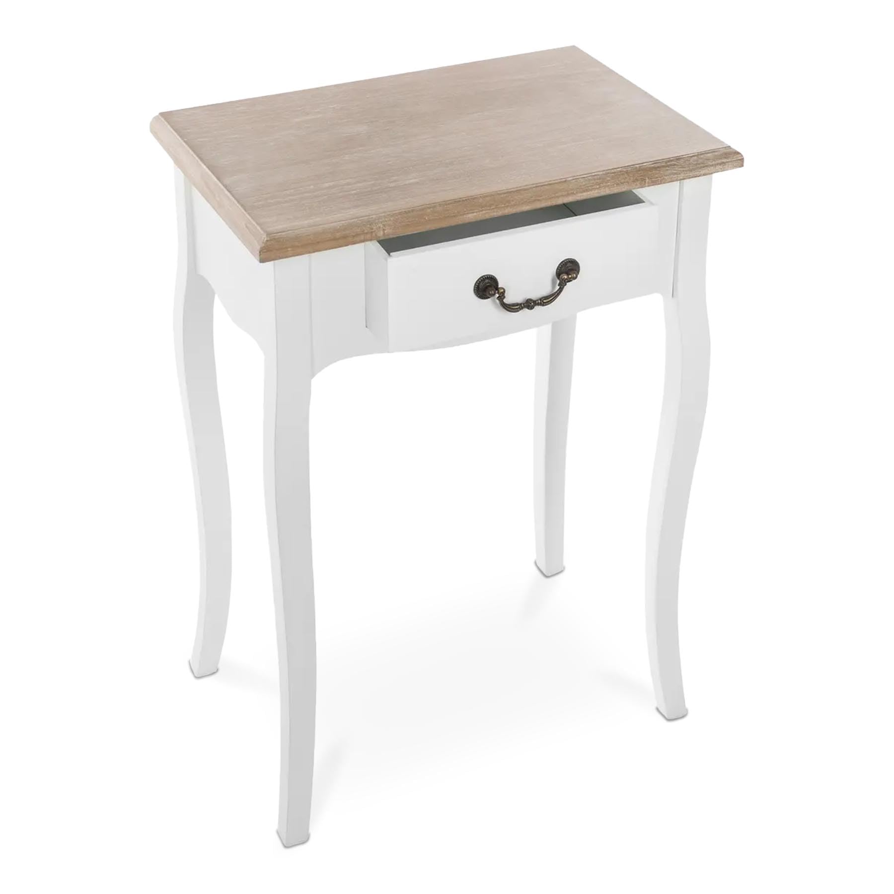 TIENDA EURASIA – Mesita de Noche Chrysa | Color Blanco y Marron | Medidas 47 x 30 x 65 cm | Madera de Pino | 1 Cajón | Tipo de Base Pata | Mesitas de Noche Dormitorio