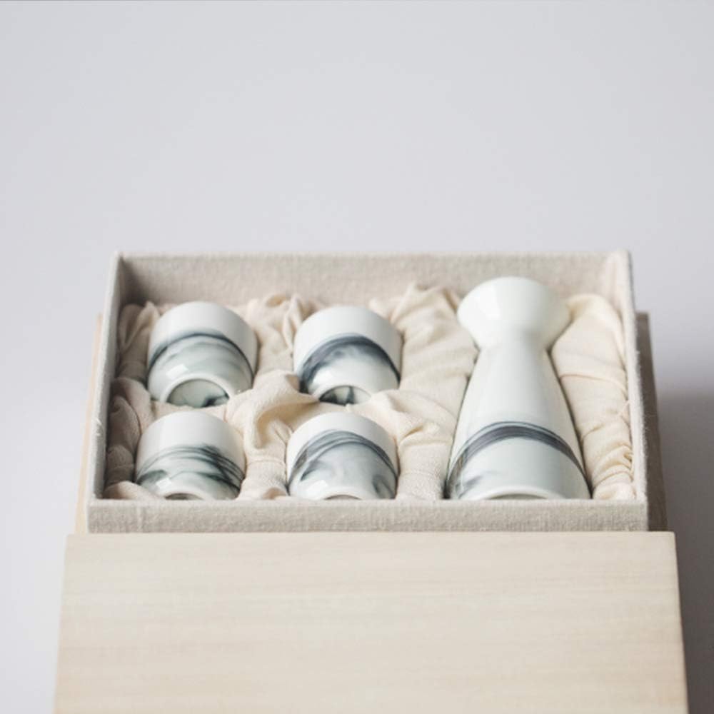 Tea Pots Japanese Sake Set 5 Piece Sake Serving Set White landscape painting for Cold/Warm/Hot Sake/Shochu/Tea Best Gift for Family and Friends