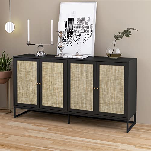 Qeiuzon Modern Sideboard Cabinet, Accent Storage Cabinet With Rattan Doors And Adjustable Shelves, Freestanding Sideboard Storage Cabinet For Kitchen Dining Living Room Hallway Office (Black) #TOP7