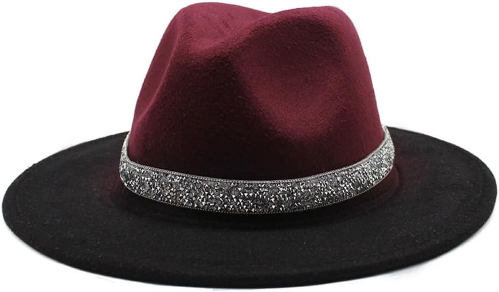 Wool Fedora Hat with Glitter Band, Red and Black Two-Tone, Wide Brim