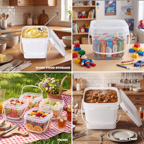 Image of ASEVAT 6 Pack Square Plastic Buckets with Lids & Handles, 1L /2L /3L White & Clear Food-Grade Storage Pails, Stackable Airtight Containers for Food, Pantry & Cleaning Supplies