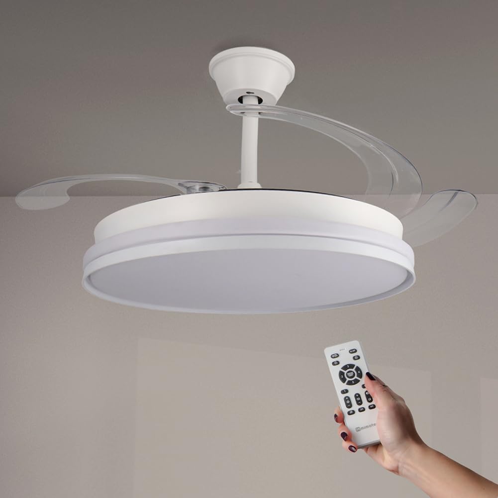 M mimotec - Ventilador de Techo con luz Led White Cami, Mando a Distancia, Motor DC, 6 velocidades, Silencioso, Aspas retráctiles, función verano-invierno, temporizador, CCT