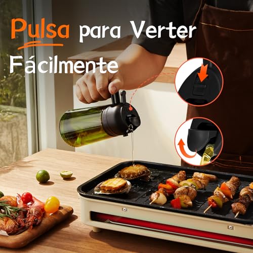 TrendPlain Pulverizador Aceite Spray 470ml - 2 en 1 Spray Aceite Cocina, Dispensadora para Freidora de Aire, Ensaladas, Vinagre y Accesorios Cocina (1 unidad, Negro-1) - Imagen 6
