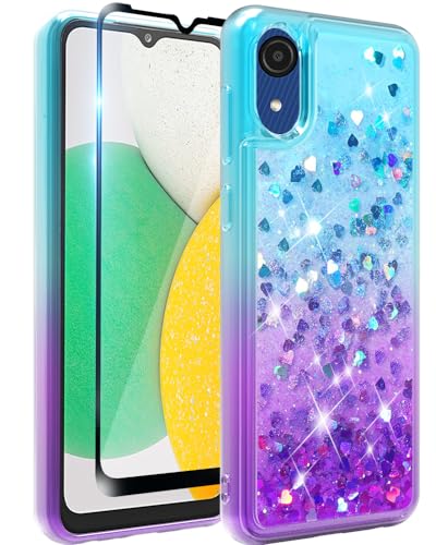 Guzhthi for Samsung A03 Core Case: Cute Clear Glitter Flowing Liquid Quicksand Soft TPU Phone Case for Samsung Galaxy A03 Core with Tempered Glass Screen Protector - Teal/Purple
